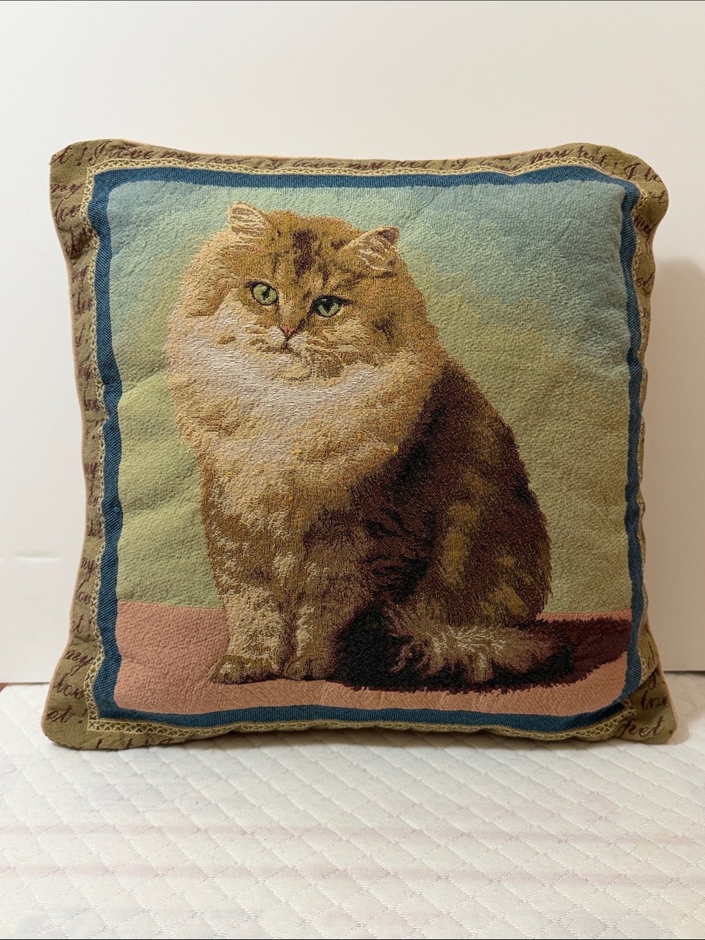 Vintage Woven Cotton Cameo Decorative Tapestry Persian Cat Accent Pillow NWOT
